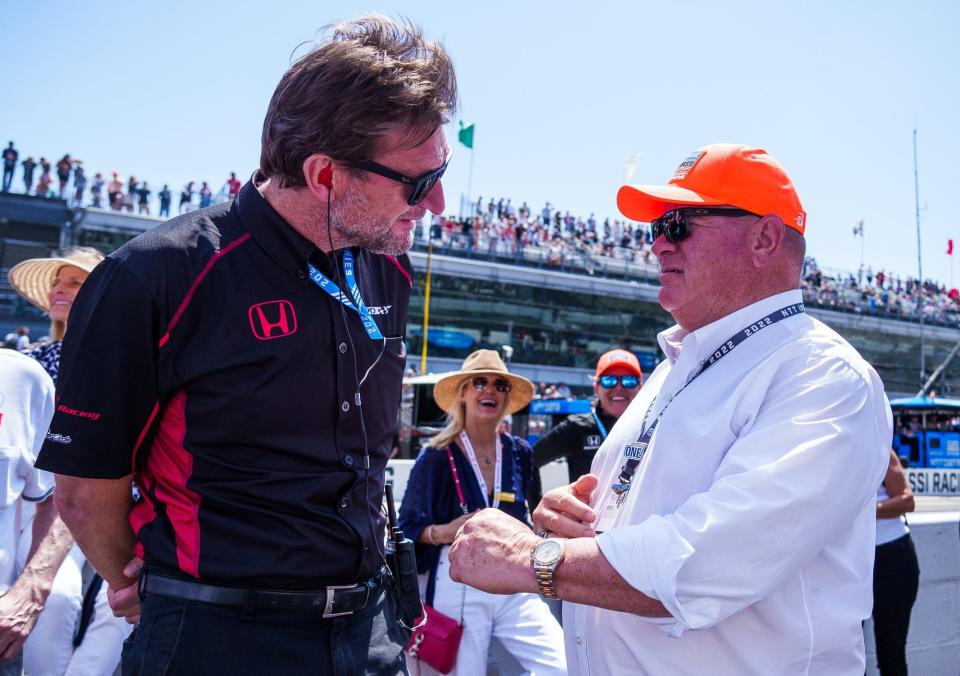 Chip Ganassi talks with those along the grid Sunday, May 29, 2022, prior to the start of the 106th running of the Indianapolis 500 at Indianapolis Motor Speedway.