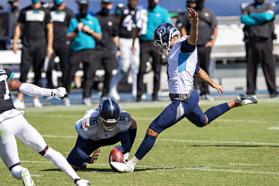 Stephen Gostkowski kicks a field goal.