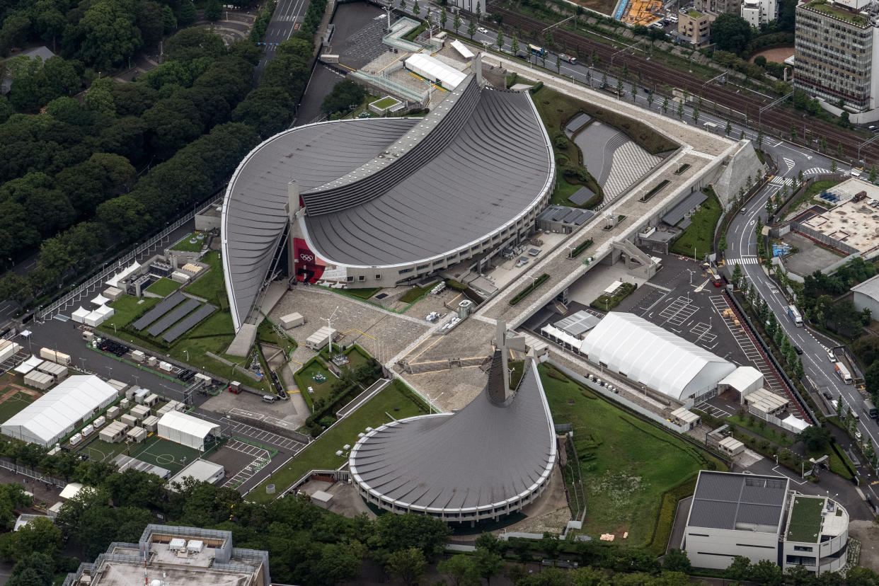 TOKYO, JAPAN - JUNE 26: Yoyogi National Stadium is pictured from a helicopter on June 26, 2021 in Tokyo, Japan. With less than one month to go before the start of the Tokyo Olympic Games, final preparations are being made to venues despite ongoing concern over the viability of holding the event during the global coronavirus pandemic. (Photo by Carl Court/Getty Images)