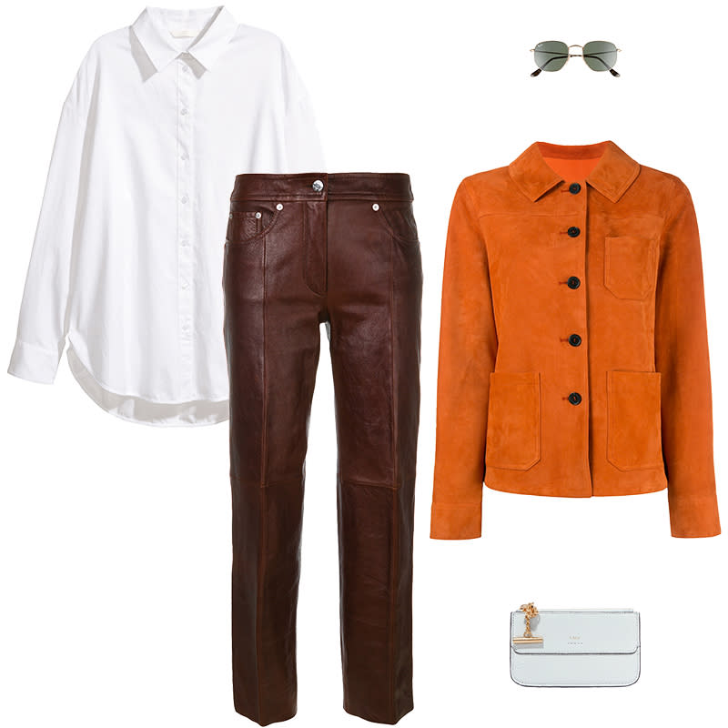 <a rel="nofollow noopener" href="https://rstyle.me/n/cw743rchdw" target="_blank" data-ylk="slk:Cotton Shirt, H&M, $20For texture play, team your white shirt with a boxy suede jacket over leather trousers in a tonal palette.;elm:context_link;itc:0;sec:content-canvas" class="link ">Cotton Shirt, H&M, $20<p>For texture play, team your white shirt with a boxy suede jacket over leather trousers in a tonal palette.</p> </a><a rel="nofollow noopener" href="https://click.linksynergy.com/deeplink?id=30KlfRmrMDo&mid=37508&murl=http%3A%2F%2Fwww.farfetch.com%2Fshopping%2Fwomen%2Fdrome-fitted-jacket--item-11928028.aspx%3Fq%3D11928028" target="_blank" data-ylk="slk:Fitted Jacket, Drome, $1255For texture play, team your white shirt with a boxy suede jacket over leather trousers in a tonal palette.;elm:context_link;itc:0;sec:content-canvas" class="link ">Fitted Jacket, Drome, $1255<p>For texture play, team your white shirt with a boxy suede jacket over leather trousers in a tonal palette.</p> </a><a rel="nofollow noopener" href="https://click.linksynergy.com/deeplink?id=30KlfRmrMDo&mid=37508&murl=https%3A%2F%2Fwww.farfetch.com%2Fshopping%2Fwomen%2Fhelmut-lang-faux-leather-trousers-item-12551180.aspx%3Fclickref%3D1101l4CtktnS%26utm_source%3Dmodesens%26utm_medium%3Daffiliate%26utm_campaign%3DPHUS%26utm_term%3DUSNetwork%26pid%3Dperformancehorizon_int%26c%3Dmodesens%26clickid%3D1101l4CtktnS%26af_siteid%3D1100l16177%26af_sub_siteid%3D1011l270%26af_cost_model%3DCPA%26af_channel%3Daffiliate%26is_retargeting%3Dtrue" target="_blank" data-ylk="slk:Faux Leather Trousers, Helmut Lang, $1561For texture play, team your white shirt with a boxy suede jacket over leather trousers in a tonal palette.;elm:context_link;itc:0;sec:content-canvas" class="link ">Faux Leather Trousers, Helmut Lang, $1561<p>For texture play, team your white shirt with a boxy suede jacket over leather trousers in a tonal palette.</p> </a><a rel="nofollow noopener" href="https://click.linksynergy.com/deeplink?id=30KlfRmrMDo&mid=1237&murl=http%3A%2F%2Fshop.nordstrom.com%2Fs%2Fray-ban-51mm-hexagonal-flat-lens-sunglasses%2F4433859%3Forigin%3Dcategory-personalizedsort%26fashioncolor%3DMETAL%2520GOLD%252F%2520GREEN" target="_blank" data-ylk="slk:51mm Hexagonal Flat Lens Sunglasses, Ray-Ban, $153For texture play, team your white shirt with a boxy suede jacket over leather trousers in a tonal palette.;elm:context_link;itc:0;sec:content-canvas" class="link ">51mm Hexagonal Flat Lens Sunglasses, Ray-Ban, $153<p>For texture play, team your white shirt with a boxy suede jacket over leather trousers in a tonal palette.</p> </a><a rel="nofollow noopener" href="https://rstyle.me/~ahbn8" target="_blank" data-ylk="slk:Drew Textured-Leather Cardholder, Chloé, $275For texture play, team your white shirt with a boxy suede jacket over leather trousers in a tonal palette.;elm:context_link;itc:0;sec:content-canvas" class="link ">Drew Textured-Leather Cardholder, Chloé, $275<p>For texture play, team your white shirt with a boxy suede jacket over leather trousers in a tonal palette.</p> </a>