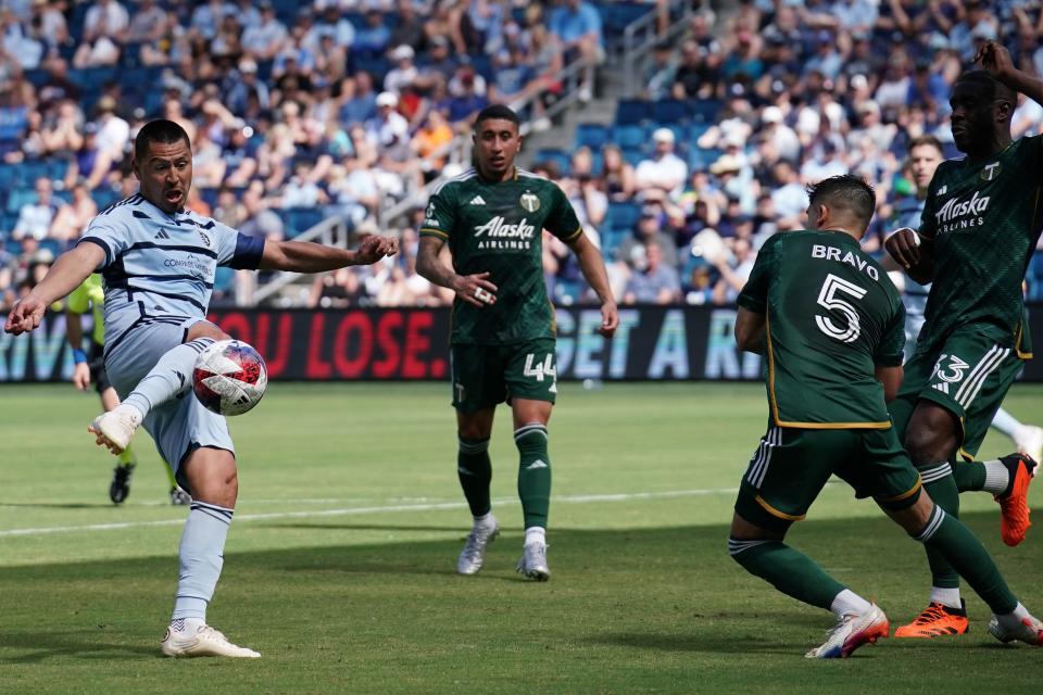 Sporting Kansas City's Felipe Hernandez scores a goal during the May 28 match against the Portland Timbers. Sporting KC hosts Austin FC on Saturday night.