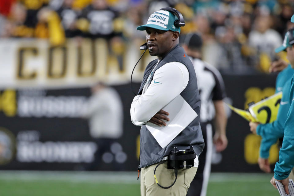 Miami Dolphins head coach Brian Flores stands on the sideline during the second half of an NFL football game against the Pittsburgh Steelers in Pittsburgh, Monday, Oct. 28, 2019. (AP Photo/Don Wright)