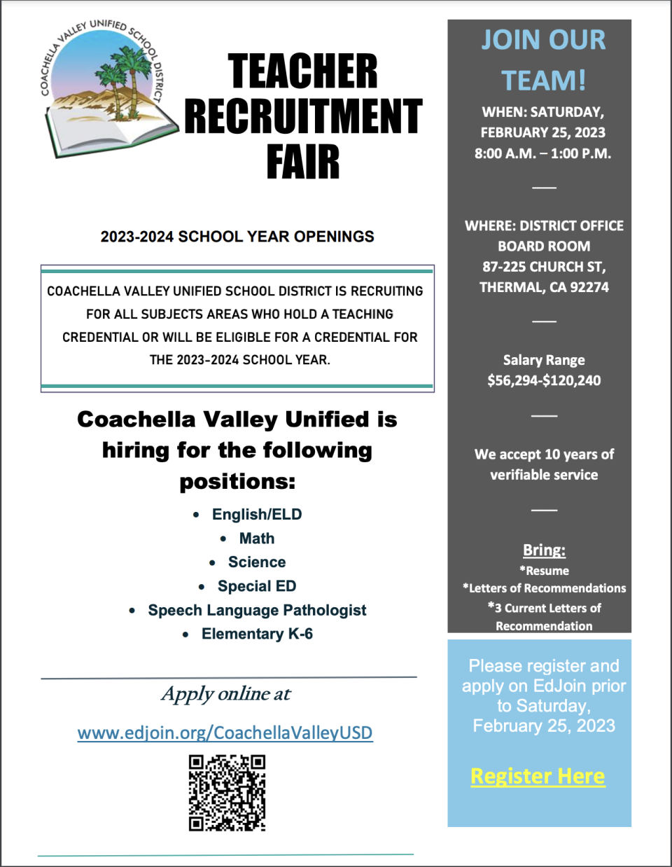 CVUSD will host a teacher recruitment fair in Thermal, Calif., on Feb. 25, 2023.