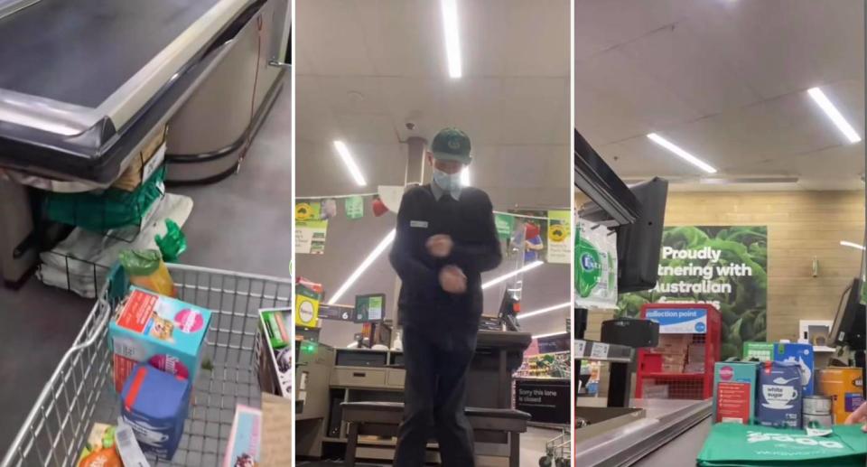 Screenshots of Woolworths staffer Liam's checkout hack video. Source: TikTok/@Woolworths_au