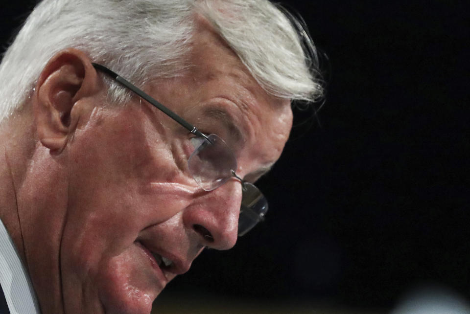 European Union chief Brexit negotiator Michel Barnier speaks during a media conference after Brexit trade talks between the EU and the UK, in Brussels, Friday, Aug. 21, 2020. (Yves Herman, Pool Photo via AP)