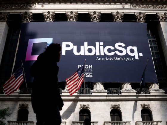 The PublicSq brand logo hangs outside at the NYSE before the opening bell at the New York Stock Exchange on Wall Street in New York City on Thursday, July 20, 2023<span class="copyright">John Angelillo—UPI/Alamy</span>