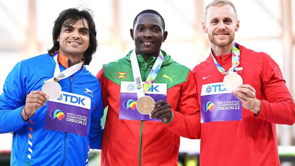 Neeraj Chopra, Anderson Peters and Jakub Vadlejch, pictured here with their medals at the world athletics championships. 
