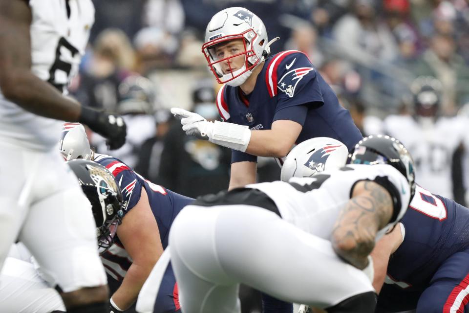 New England Patriots quarterback Mac Jones (10) during the first half of an NFL football game, Sunday, Jan. 2, 2022, in Foxborough, Mass. (AP Photo/Paul Connors)