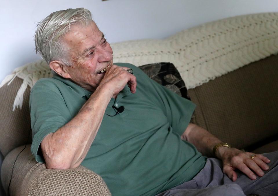 Pat Dwyer, 94, smiles as he talks while at his daughter's house in Green Bay about how his dad, "Dutch," and uncle, Rigney, were members of the first Green Bay Packers team in 1919.