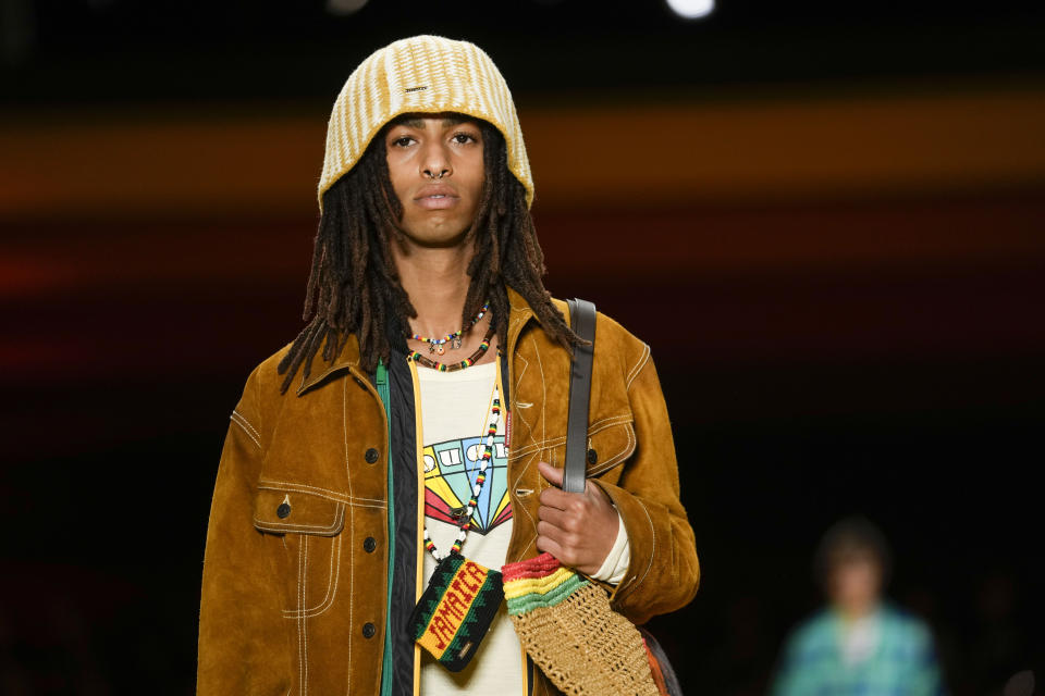 A model wears a creation as part of the Dsquared2 men's Spring Summer 2023 collection presented in Milan, Italy, Friday, June 17, 2022. (AP Photo/Luca Bruno)