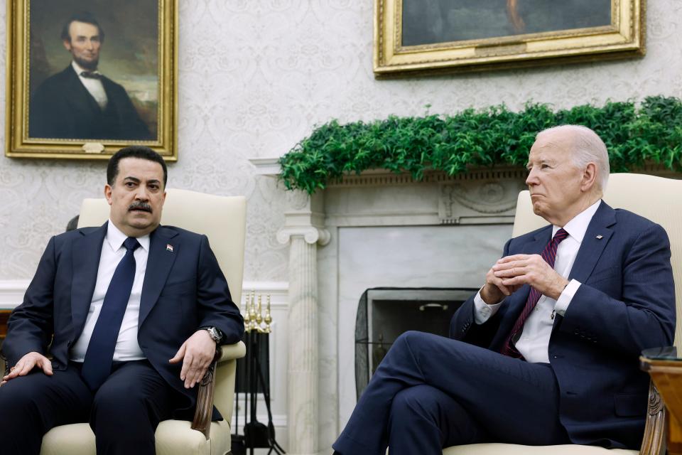 Iraqi Prime Minister Mohammed Shia al-Sudani speaks alongside U.S. President Joe Biden in the Oval Office of the White House on April 15 in Washington. The two met to speak on Iran’s drone strike on Israel.