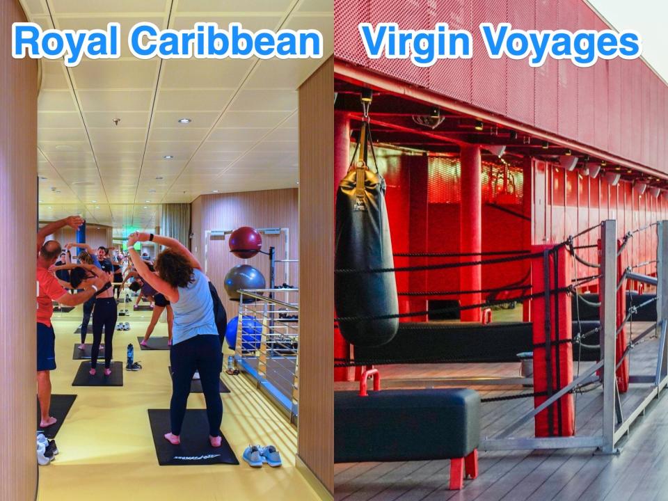 Left: a Royal Caribbean ship gym. Right: a Virgin Voyages ship gym