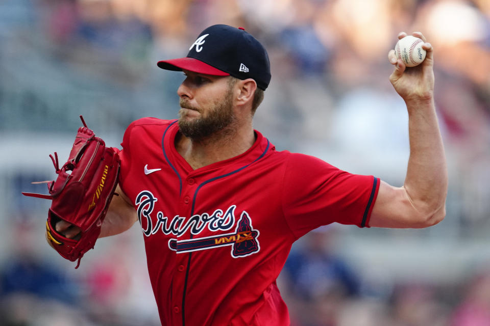 Atlanta Braves starting pitcher Chris Sale works against the Tampa Bay Rays in the first inning of a baseball game Friday, June 14, 2024, in Atlanta. (AP Photo/John Bazemore)