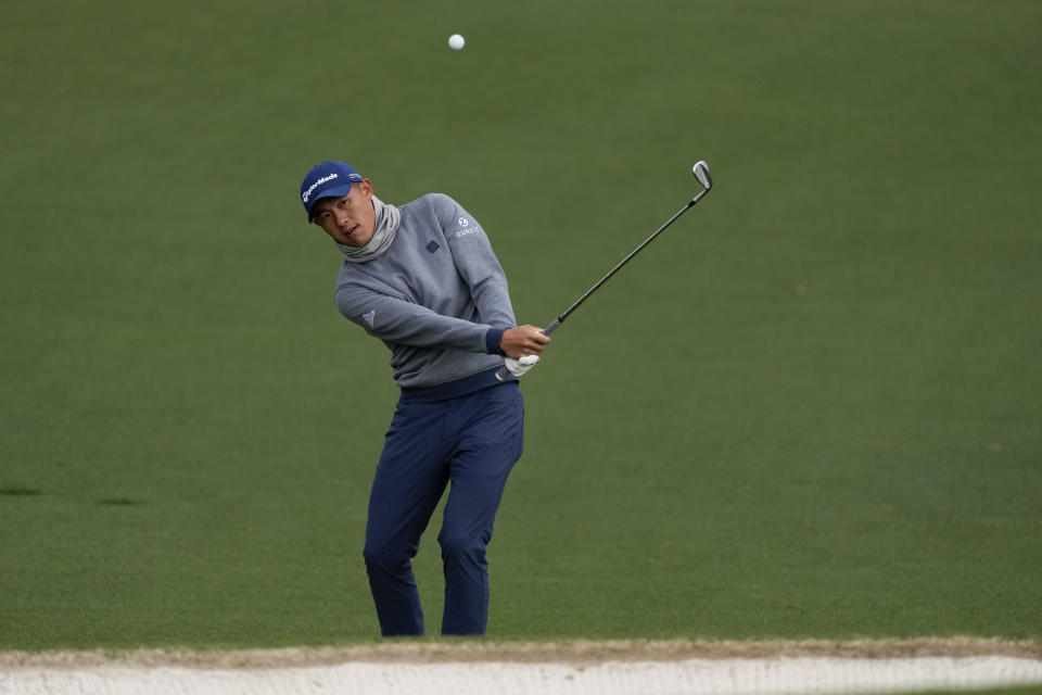 Collin Morikawa chips to the second green during the third round at the Masters golf tournament on Saturday, April 9, 2022, in Augusta, Ga. (AP Photo/Matt Slocum)