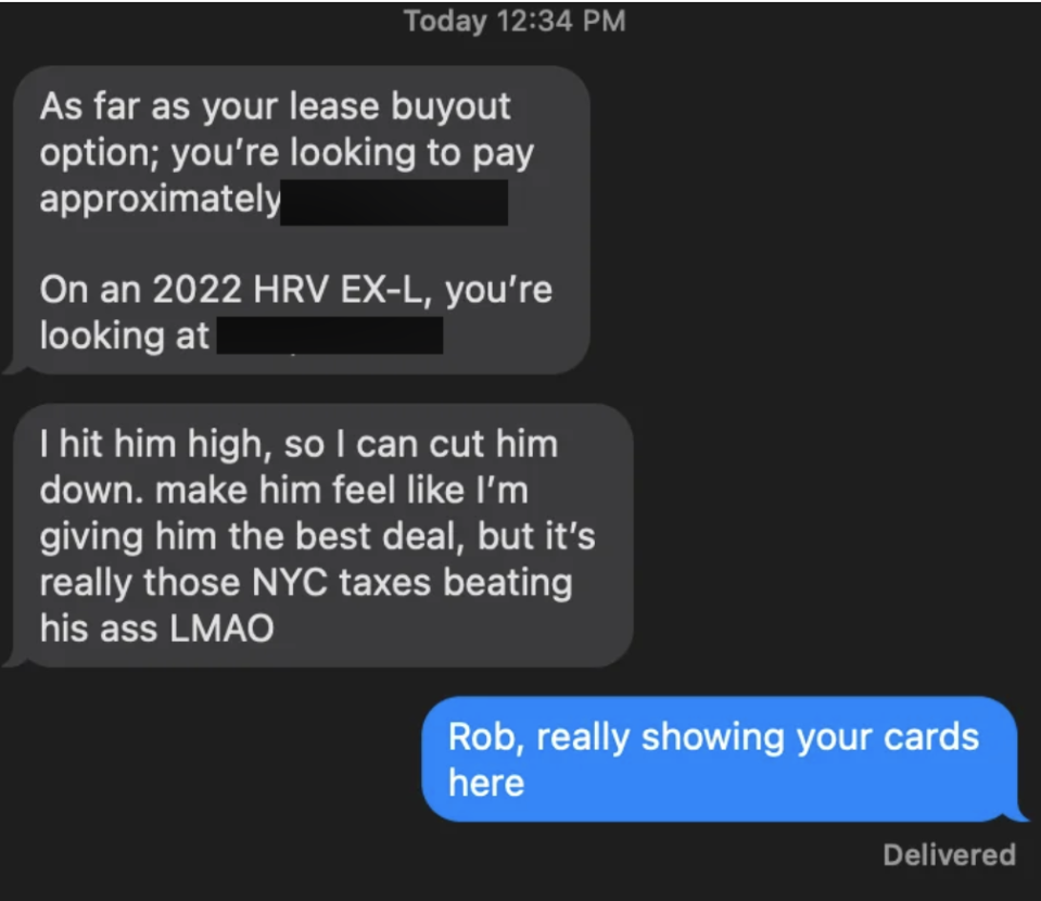 Text conversation at 12:34 PM: Person 1 discusses lease buyout options and mentions NYC taxes. Person 2, named Rob, responds humorously: "Rob, really showing your cards here."