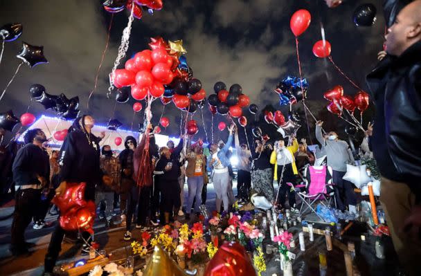 PHOTO: As attendees say 'we love you boo-boo' balloons are released during a vigil for Darryl Williams outside Supreme Sweepstakes in Raleigh, N.C., Jan. 19, 2023. Williams, 32, died after he was tased by Raleigh police officers. (Ethan Hyman/The News & Observer/Tribune News Service via Getty Images)