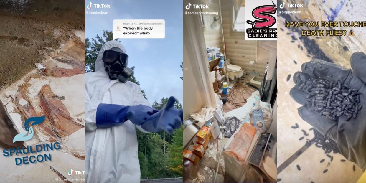 shovel scraping floor, person in hazmat suit, cluttered room, flies in hand