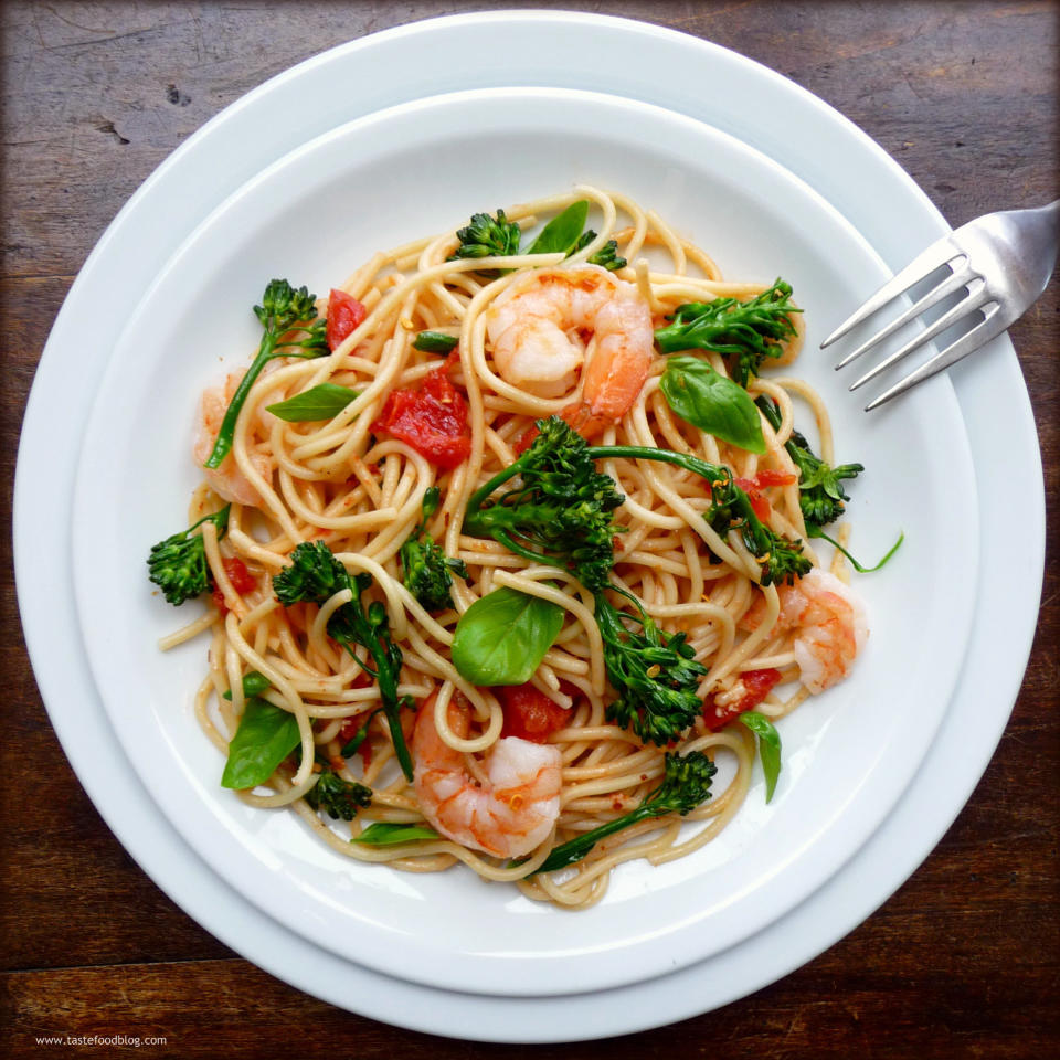 <strong>Get the <a href="http://food52.com/recipes/9046-spaghetti-with-shrimp-broccolini-and-basil" target="_blank">Spaghetti with Shrimp, Broccolini and Basil recipe</a> from Food52</strong>