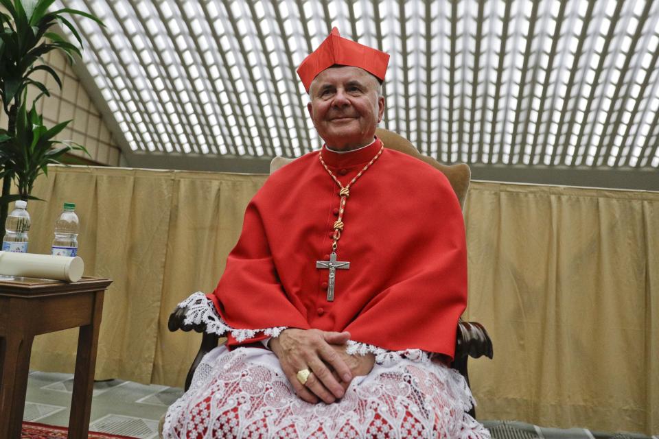 Cardinal Sigitas Tamkevicius poses for photographers prior to meeting relatives and friends after he was elevated to cardinal by Pope Francis, at the Vatican, Saturday, Oct. 5, 2019. Pope Francis has chosen 13 men he admires and whose sympathies align with his to become the Catholic Church's newest cardinals. (AP Photo/Andrew Medichini)