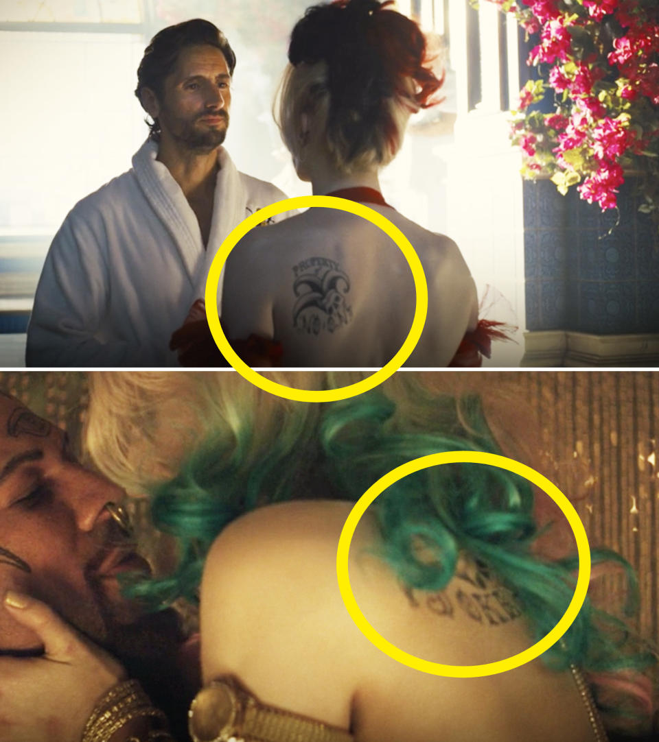 Close-ups of Harley's back tattoo in The Suicide Squad vs Suicide Squad