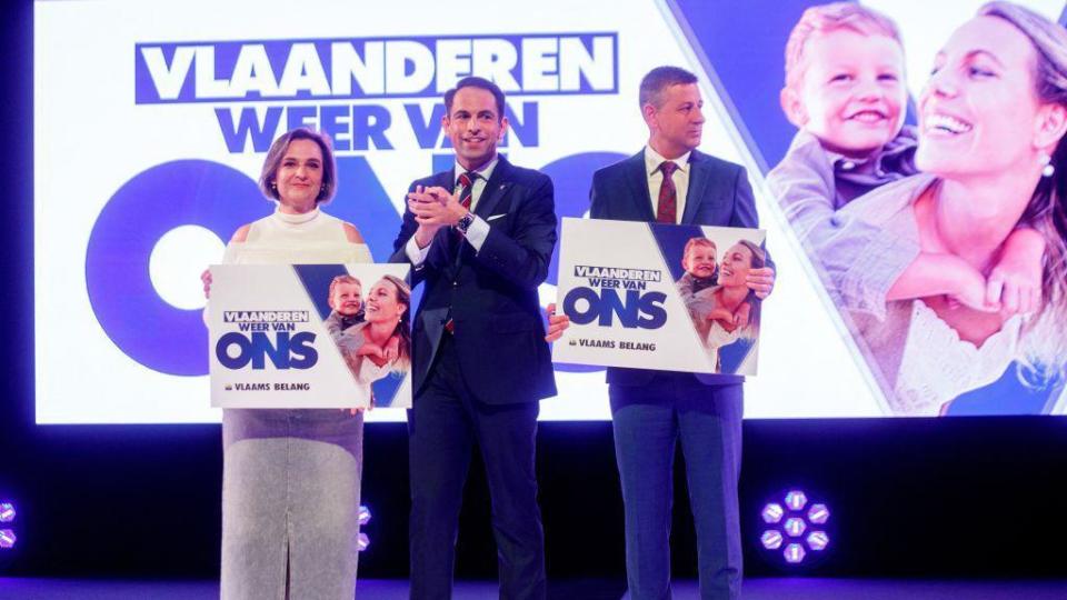 Vlaams Belang's Tom Van Grieken pictured during the launch of the official election campaign image and slogan of Flemish far right party Vlaams Belang, Sunday 03 March 2024 in Zellik