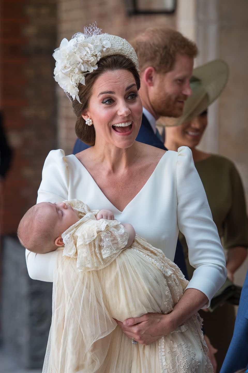 <p>George and Charlotte's baby bro pretty much slept through his own christening at St. James's Palace in July 2018. In related news: Kate looked amazing, newlyweds Harry and Meghan were stunning, and Charlotte <a href="https://www.cosmopolitan.com/entertainment/celebs/a22093158/princess-charlotte-prince-louis-christening/" rel="nofollow noopener" target="_blank" data-ylk="slk:told the press they weren't invited to the after-party;elm:context_link;itc:0;sec:content-canvas" class="link ">told the press they weren't invited to the after-party</a> (aka the reception).</p>