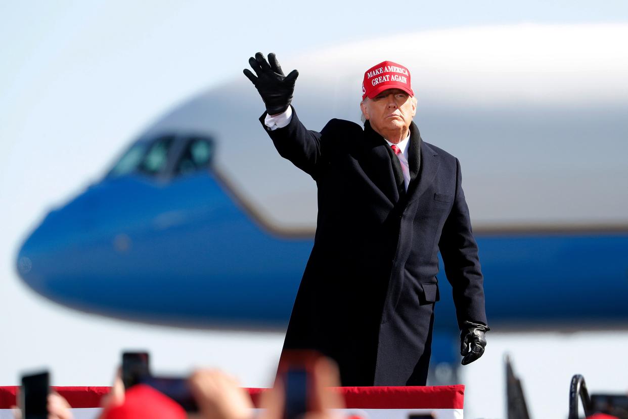 President Donald Trump acknowledges the crowd following a speech at a campaign rally in Fayetteville, North Carolina, on Nov. 2, 2020. (AP Photo/Karl DeBlaker)