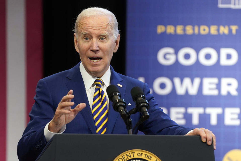 President Joe Biden speaks about the economy to union members at the IBEW Local Union 26, Wednesday, Feb. 15, 2023, in Lanham, Md. (AP Photo/Evan Vucci)