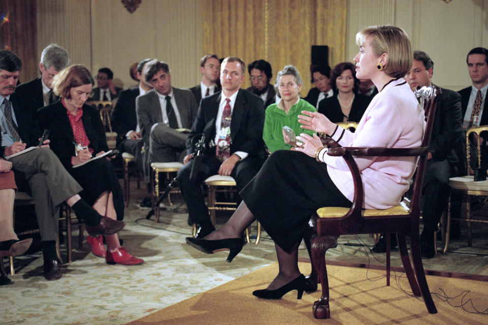 FILE - First lady Hillary meets reporters in the State Dining Room of the White House in Washington on April 22, 1994. In a conciliatory appearance before the press, Clinton blamed her own efforts to protect her privacy for allowing questions about the Whitewater land deal to spiral. (AP Photo/Doug Mills, File)