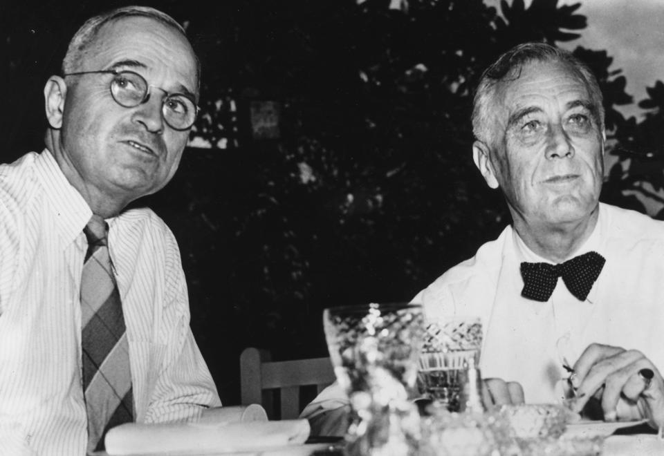 American president (right) Franklin Delano Roosevelt (1882 - 1945) with his vice-president and successor Harry S Truman (1884 - 1972) on the lawn of the White House, shortly after both men received the Democratic Party nomination for the forthcoming election. (Photo by Fox Photos/Getty Images)