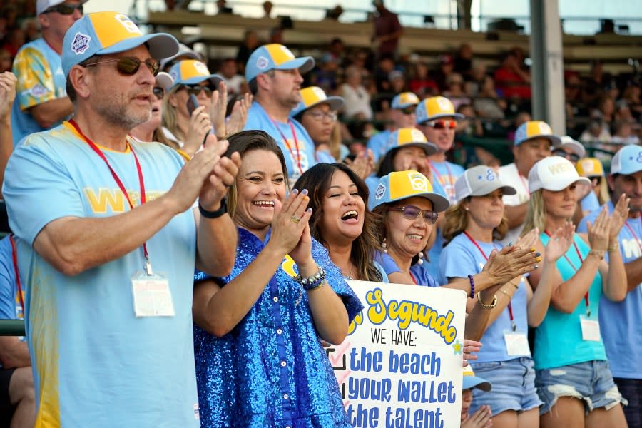 El Segundo, Calif., fans cheer the team on against Needville, Texas, during the second inning of the U.S. championship baseball game at the Little League World Series in South Williamsport, Pa., Saturday, Aug. 26, 2023. (AP Photo/Tom E. Puskar)