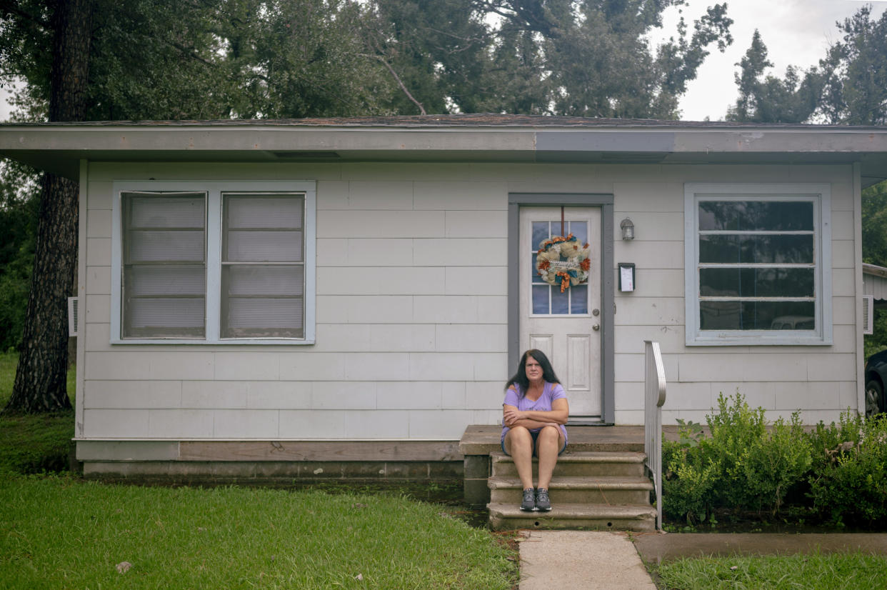 Aimee Autin outside her rented house. (Emily Kask for NBC News)
