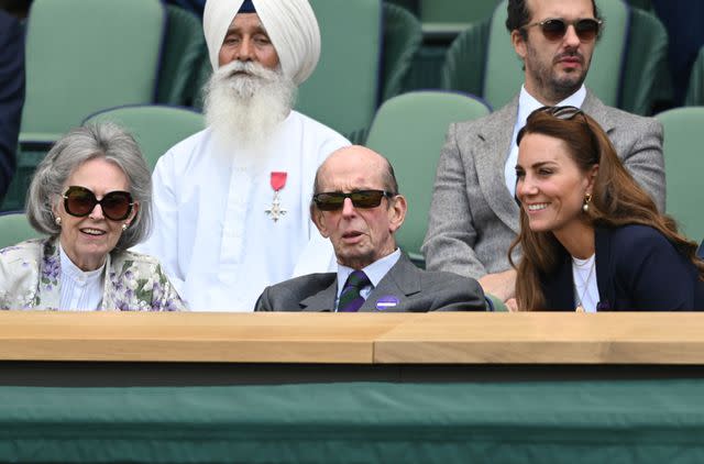 <p>Karwai Tang/WireImage</p> Katharine, Duchess of Kent, Prince Edward, Duke of Kent and Kate Middleton at Wimbledon Championships Tennis Tournament at All England Lawn Tennis and Croquet Club on July 02, 2021 in London.