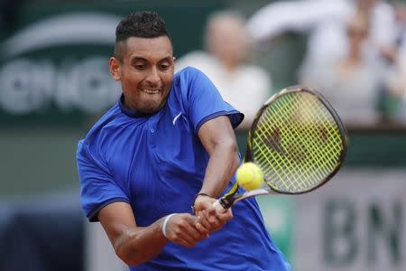 Tennis - French Open - Roland Garros - Nick Kyrgios of Australia vs Richard Gasquet of France - Paris, France - 27/05/16. Nick Kyrgios returns the ball. REUTERS/Benoit Tessier