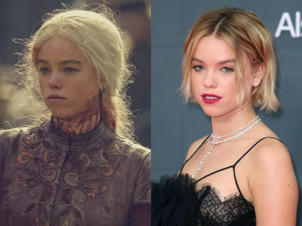 A side-by-side image of young Rhaenyra Targaryen on HBO's "House of the Dragon" and Milly Alcock.