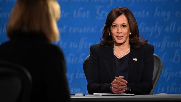 PHOTO: Democratic vice presidential nominee Kamala Harris arrives on stage for the vice presidential debate in Kingsbury Hall at the University of Utah, Oct. 7, 2020, in Salt Lake City. (Robyn Beck/AFP via Getty Images)