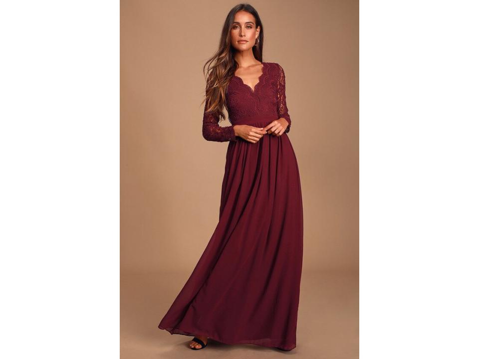 Lulus Awaken My Love Burgundy Long Sleeve Lace Maxi