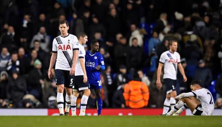 Football Soccer - Tottenham Hotspur v Leicester City - Barclays Premier League - White Hart Lane - 13/1/16 Tottenham's Jan Vertonghen looks dejected at the end of the game Reuters / Dylan Martinez Livepic