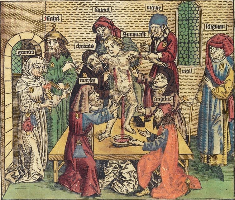 <span class="caption">Martyrdom of Simon of Trent, depiction from the Nuremberg World Chronicle by Hartmann Schedel.</span> <span class="attribution"><a class="link " href="https://commons.wikimedia.org/wiki/File:Ritualmord-Legende.jpg" rel="nofollow noopener" target="_blank" data-ylk="slk:Wikimedia Commons;elm:context_link;itc:0;sec:content-canvas">Wikimedia Commons</a>, <a class="link " href="http://creativecommons.org/licenses/by-nc-nd/4.0/" rel="nofollow noopener" target="_blank" data-ylk="slk:CC BY-NC-ND;elm:context_link;itc:0;sec:content-canvas">CC BY-NC-ND</a></span>