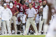 Alabama head coach Nick Saban paces the sidelines during the first half of an NCAA college football game against Texas, Saturday, Sept. 9, 2023, in Tuscaloosa, Ala. (AP Photo/Vasha Hunt)