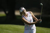 Lexi Thompson follows her shot from off the 18th fairway of the Lake Merced Golf Club during the first round of the LPGA Mediheal Championship golf tournament Thursday, May 2, 2019, in Daly City, Calif. (AP Photo/Eric Risberg)