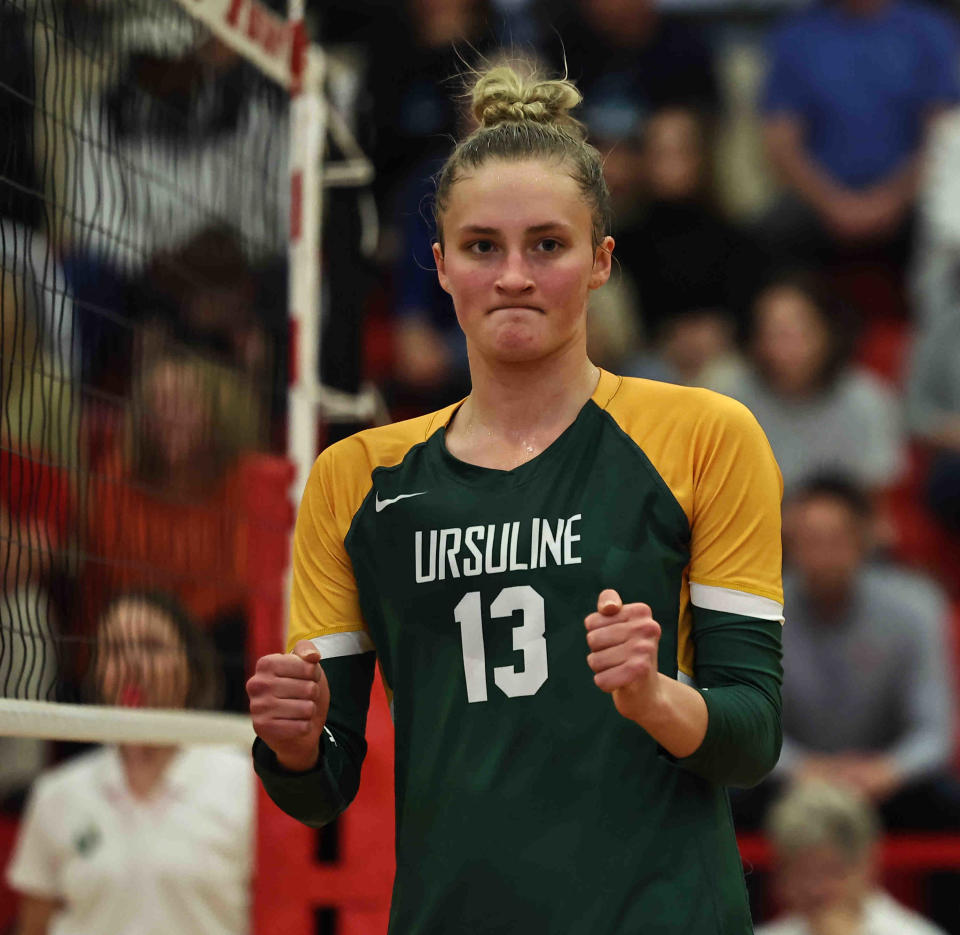 Ursuline Academy's Brooke Bultema (13) reacts during the regional semifinal against Mt. Notre Dame at Lakota West High School Wednesday, Nov. 2.