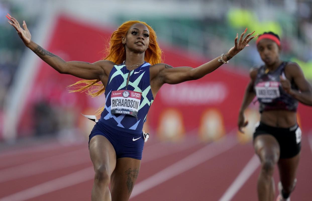 <span class="caption">Sha'Carri Richardson celebrates during the U.S. Olympic Track and Field trials on June 18. Shortly after the trials, Richardson was suspended for a month for testing positive for marijuana – a ban that will keep her from competing at the Tokyo Olympics. </span> <span class="attribution"><span class="source">(AP Photo/Ashley Landis) </span></span>