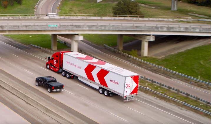 An autonomous Kodiak Robotics truck on the highway with a safety driver — for now. <br>(Photo: Kodiak Robotics)