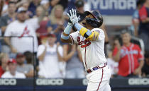 Atlanta Braves' Ronald Acuna Jr. celebrates after hitting a home run off St. Louis Cardinals pitcher Kwang Hyun Kim in the third inning of the second baseball game of a doubleheader on Sunday, June 20, 2021, in Atlanta. (AP Photo/Ben Margot)