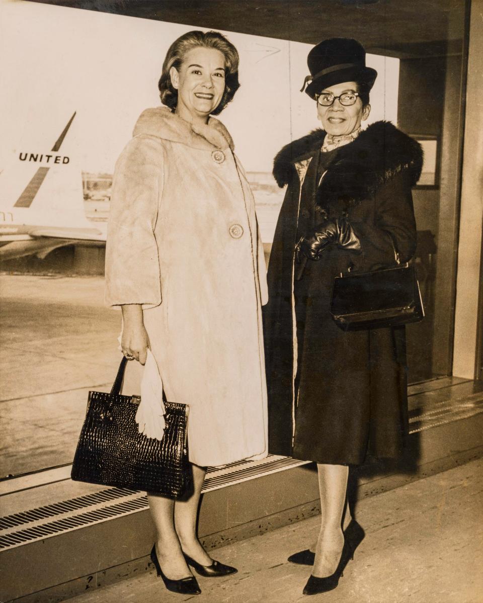 Ione Stoddard with Anne Lowe in the mid-1960s as they prepare to take a plane to Cleveland, Ohio for Lowe to be on The Mike Douglas Show.