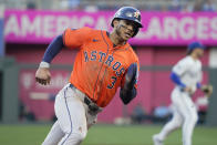 Houston Astros' Jeremy Peña runs home to score on a Yordan Alvarez single in the second inning against the Kansas City Royals during a baseball game Tuesday, April 9, 2024, in Kansas City, Mo. (AP Photo/Ed Zurga)