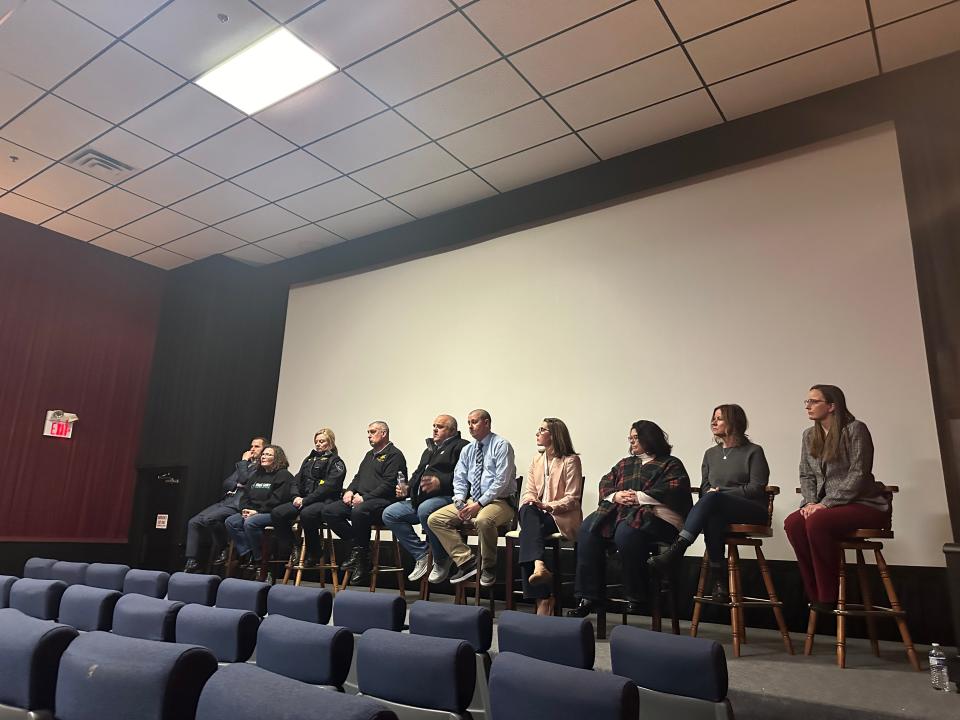 A panel of human trafficking experts spoke at the Charlevoix Zonta event on Wednesday, Feb. 21 at the Charlevoix Cinema. Pictured (from left) are FBI Agent Garrett Croon, GHOST Victim Advocate and Genesee County Human Trafficking Task Force Co-Chair Angela Dudley, Michigan State Police Trooper Corey Hebner, City of Charlevoix Chief of Police Jill McDonnell, Charlevoix County Sheriff Chuck Vondra, Detective Cody Wheat with the Charlevoix County Sheriff’s Office, Munson Healthcare Chief of Nursing Jennifer Standfest, nurse Sarah McCafferty, psychologist Elizabeth Simpson, and Crime Victim Rights Advocate/Witness Coordinator Jen Rashleigh-Houser with the Charlevoix County Prosecuting Attorney’s Office.