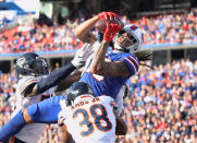 <p>Kelvin Benjamin #13 of the Buffalo Bills cannot hang on to a pass in the end zone as he drops the ball in the third quarter during NFL game action as he is hit by Adrian Amos Jr. #38 of the Chicago Bears at New Era Field on November 4, 2018 in Buffalo, New York. (Photo by Tom Szczerbowski/Getty Images) *** Local Caption *** Kelvin Benjamin;Adrian Amos Jr. </p>