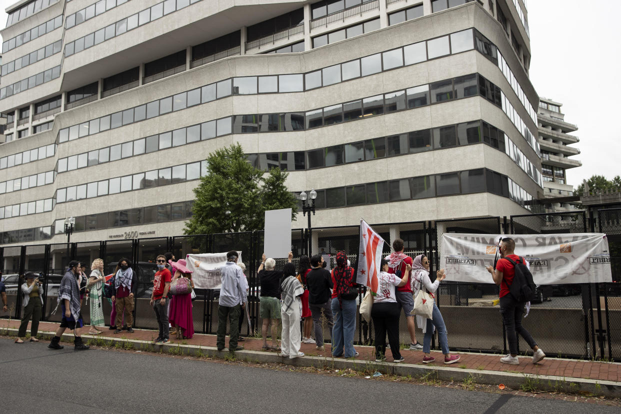 A group of pro-Palestinian activists hold a demonstration outside the Watergate Hotel in Washington, D.C., on July 24, 2024. / Credit: Mostafa Bassim/Anadolu via Getty Images